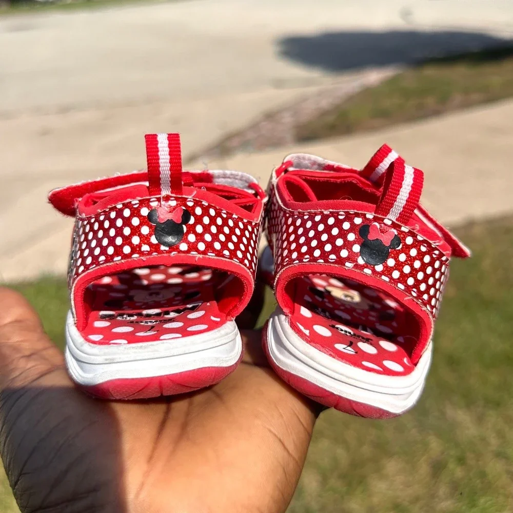 Disney Minnie Mouse Toddler Girls Red Glitter Polka Dot Light Up Sandals Size 7